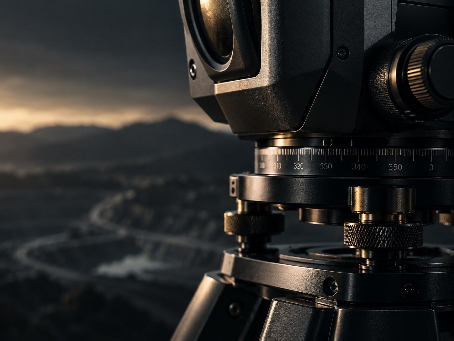 A precision surveying instrument standing above a valley at dusk.