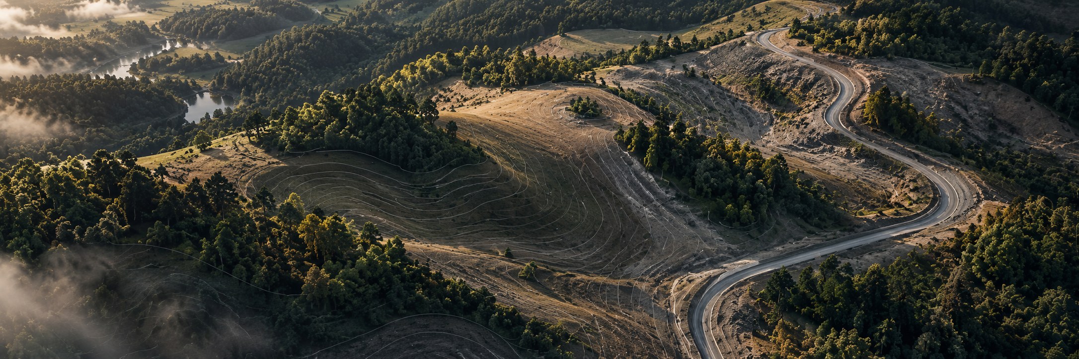An aerial view at golden hour of contoured terrain cut by a winding road.