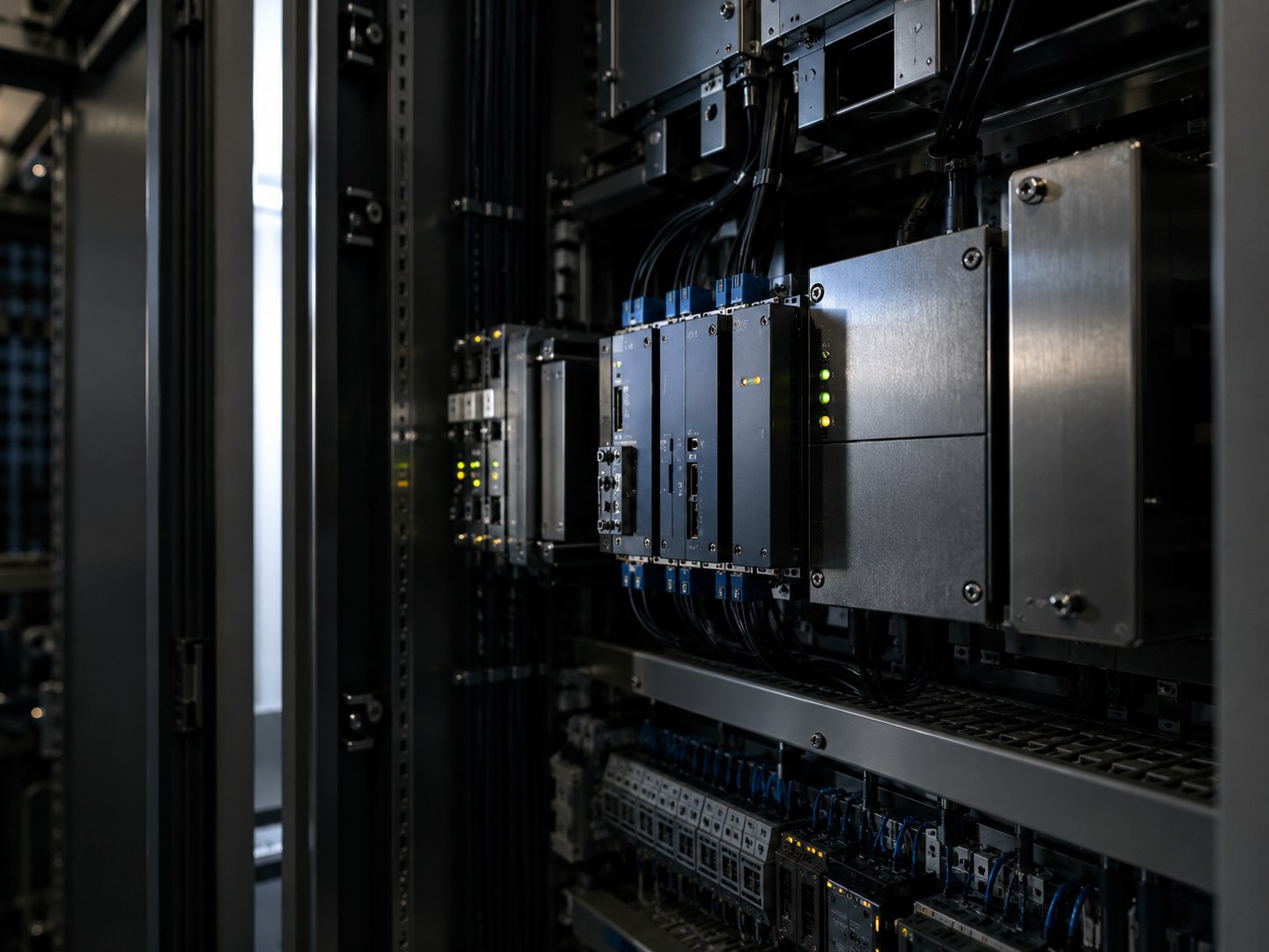 An industrial control cabinet of modules, terminals and wiring.