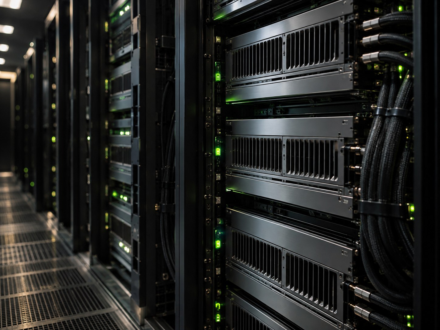 A server aisle, rack faces lit by status indicators.